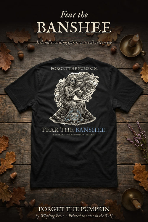 Banshee tee back print flat-lay, Forget The Pumpkin by Wispling Press