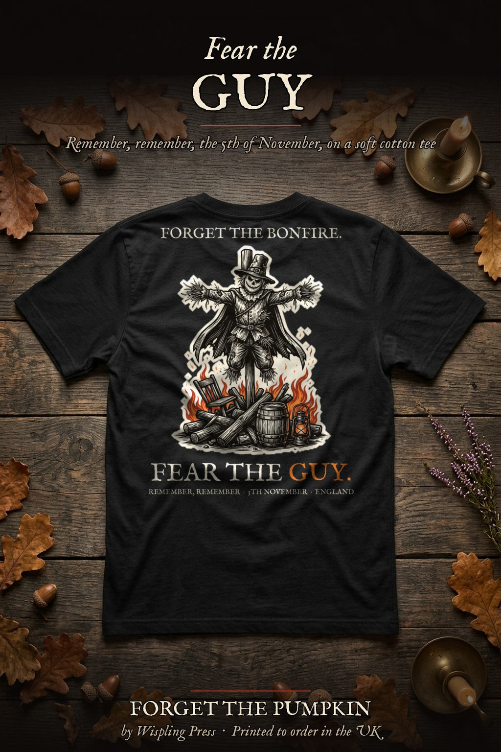 Guy tee back print flat-lay, Forget The Pumpkin by Wispling Press