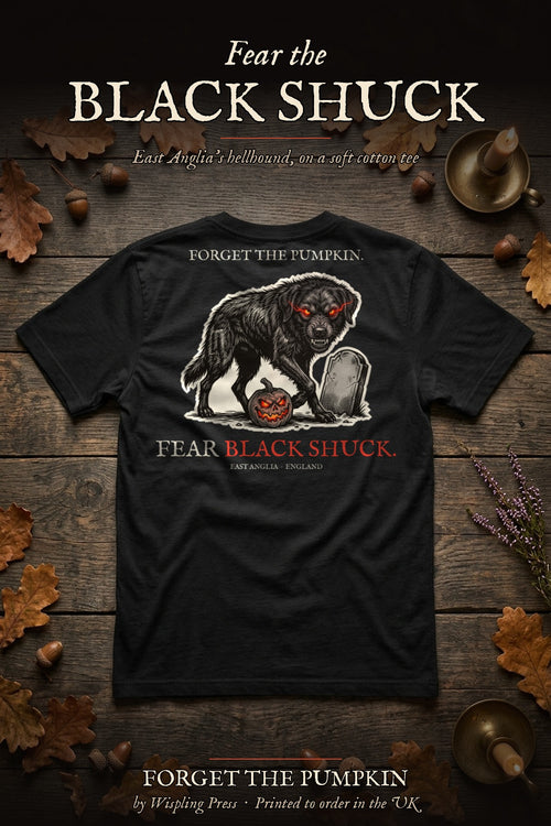Black Shuck tee back print flat-lay, Forget The Pumpkin by Wispling Press