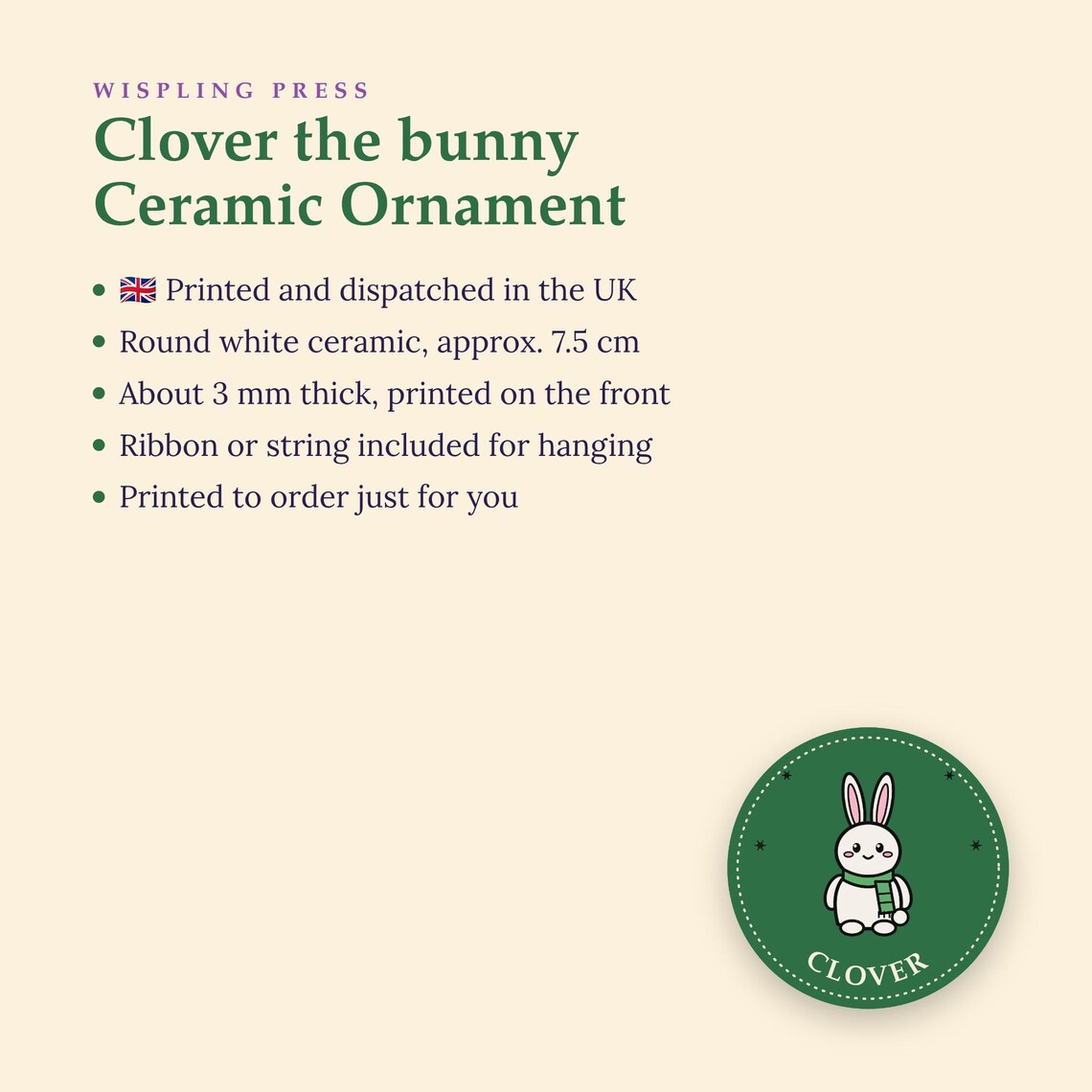 Bunny Ornament, Ceramic Christmas Bauble Decoration, Clover Bunny, Printed in the UK
