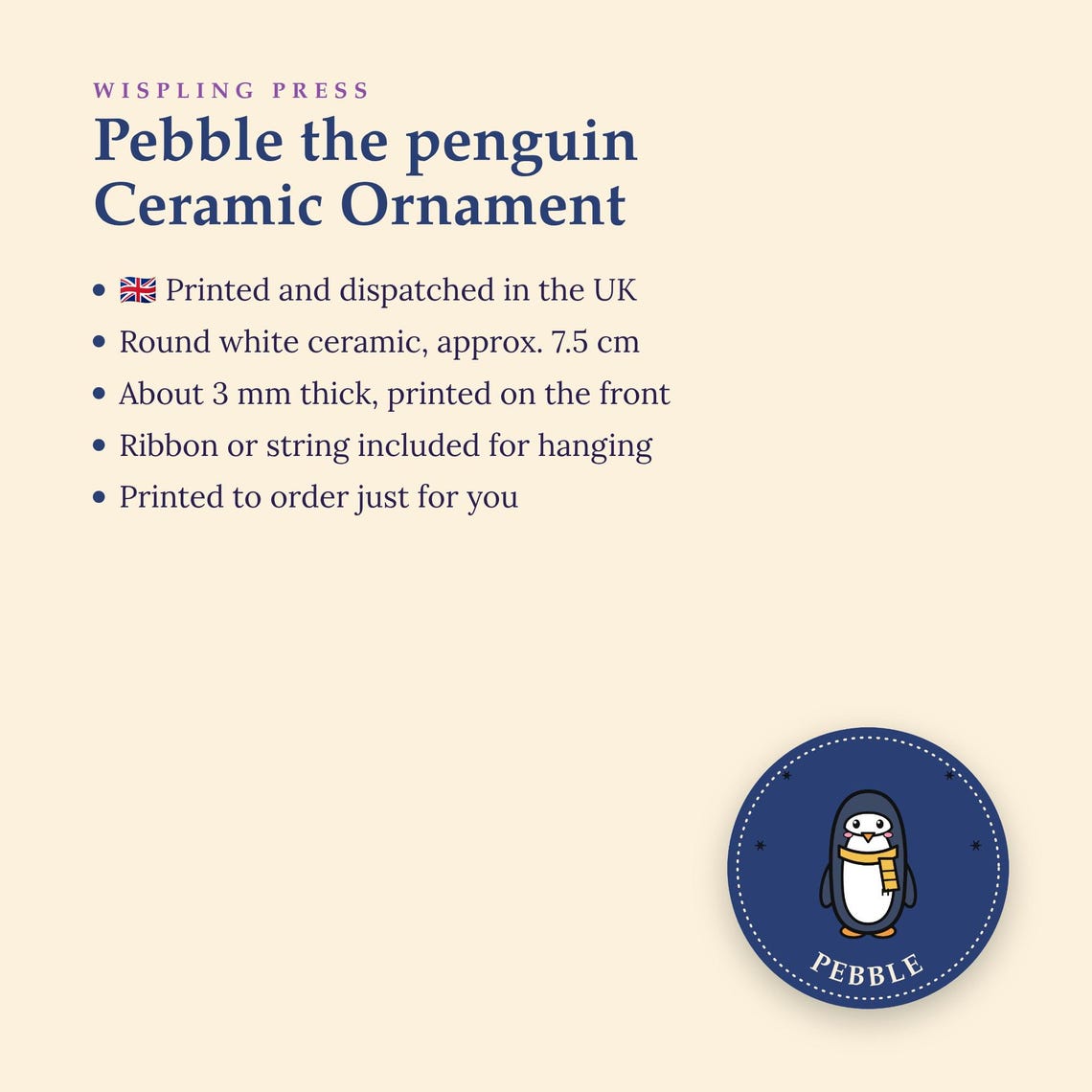Penguin Christmas Bauble, Ceramic Ornament Decoration, Pebble Penguin, Printed in the UK