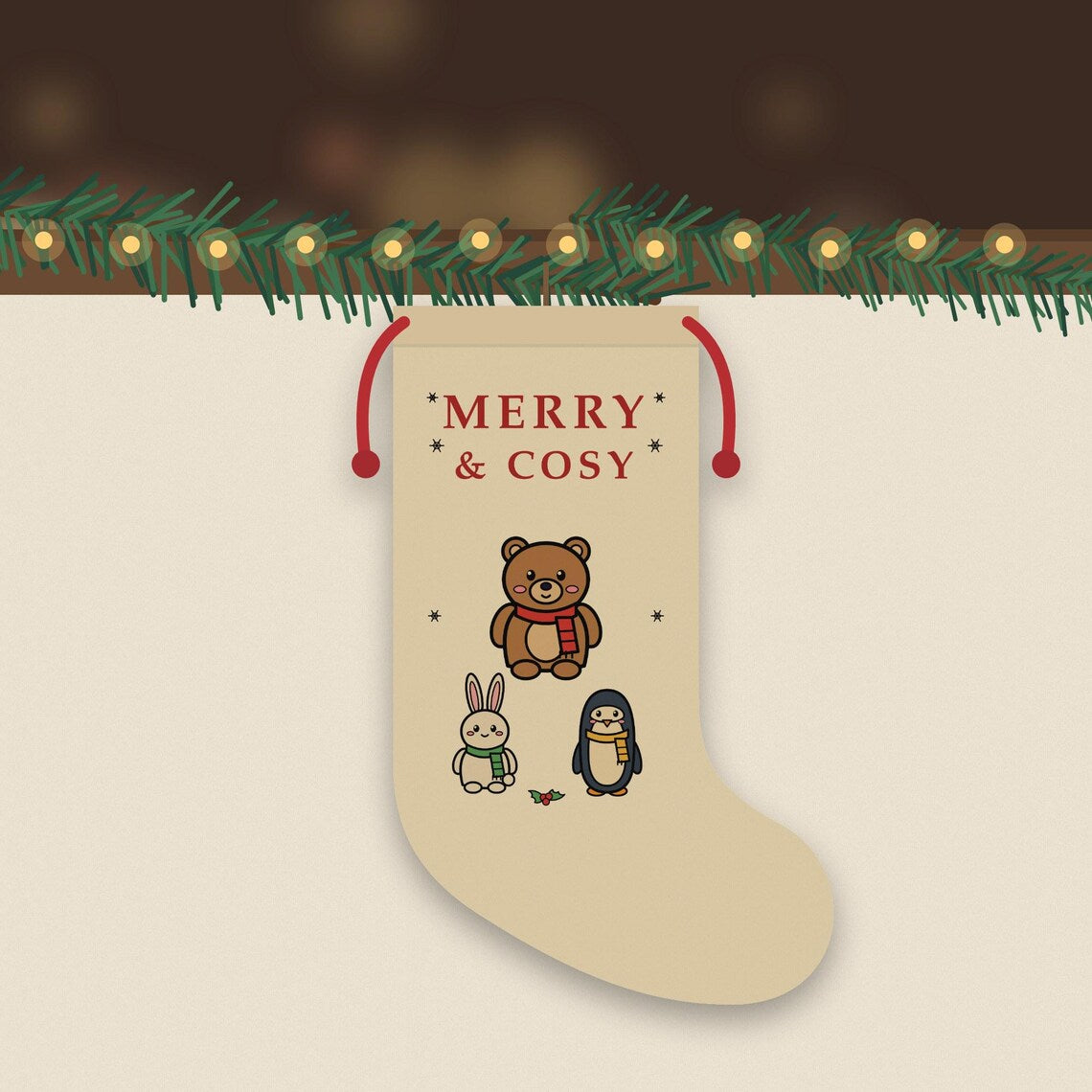Christmas Stocking, Teddy Bear Bunny Penguin Burlap Stocking, Printed in the UK