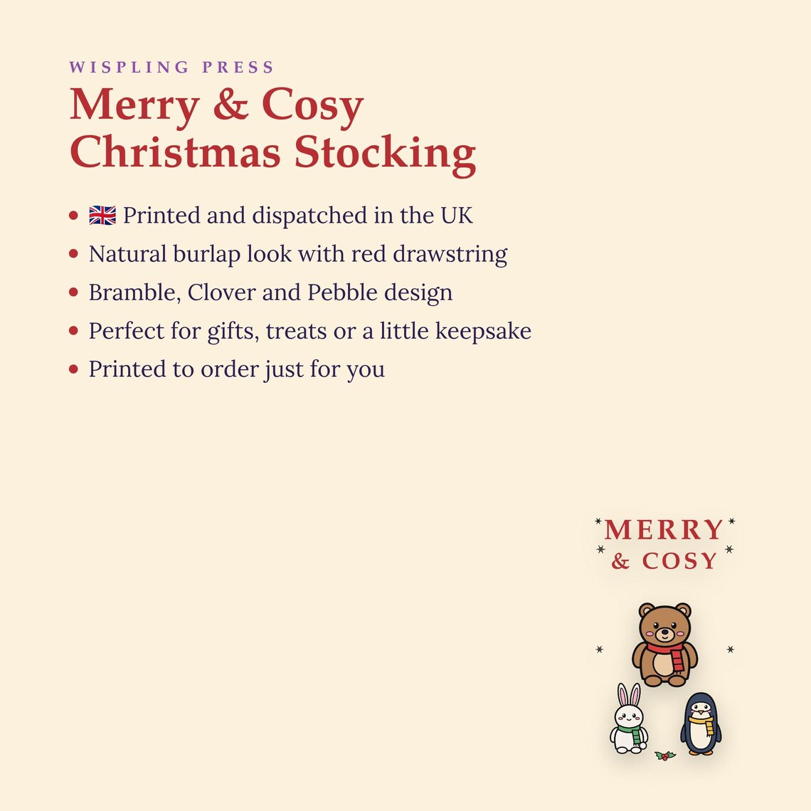 Christmas Stocking, Teddy Bear Bunny Penguin Burlap Stocking, Printed in the UK