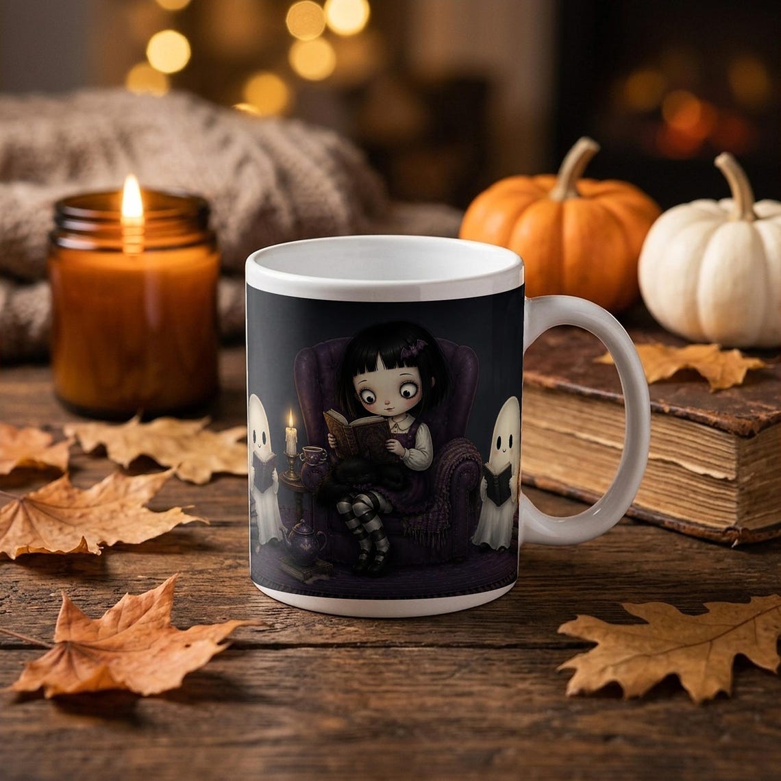 Gothic Girl Reading Mug, Black Cat, Ghosts, Book Lover Gift (11oz)