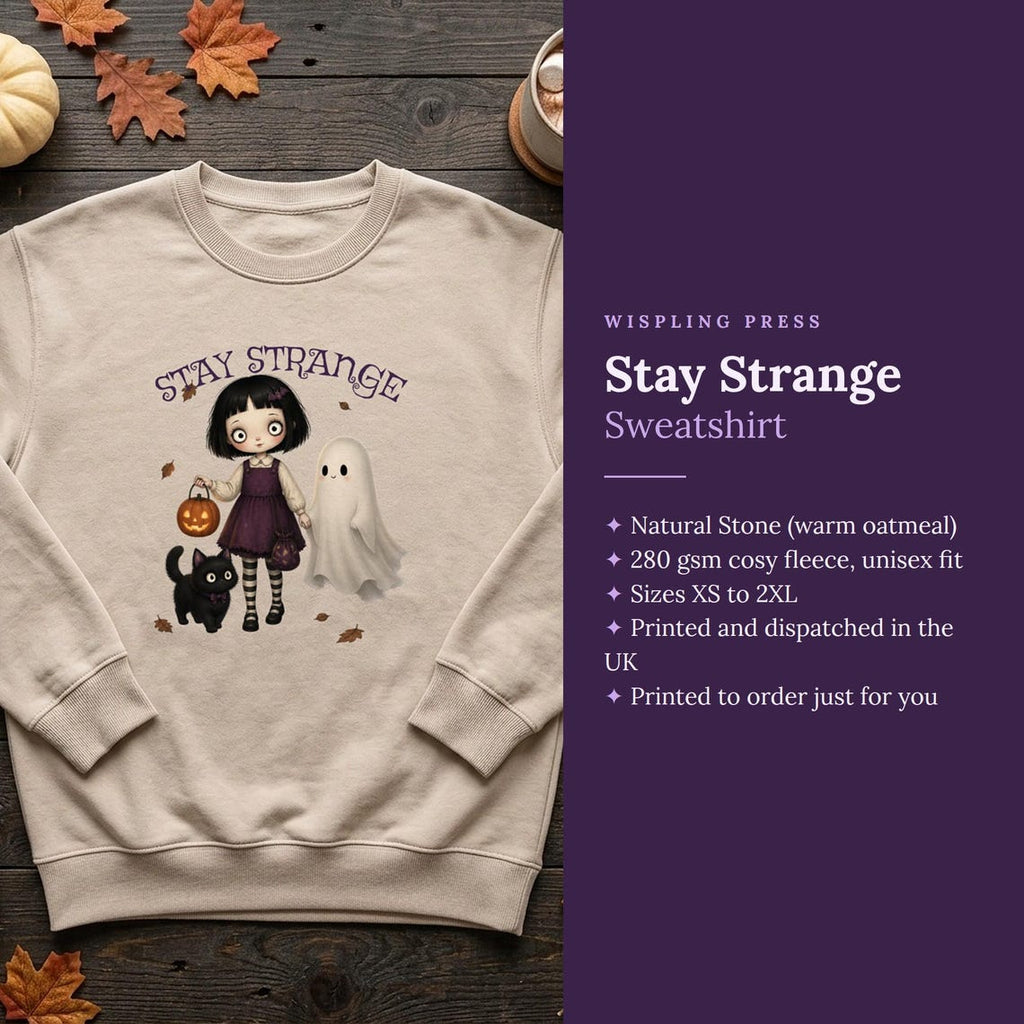 Stay Strange Gothic Girl Sweatshirt, Ghost & Black Cat Halloween Jumper (Natural Stone)