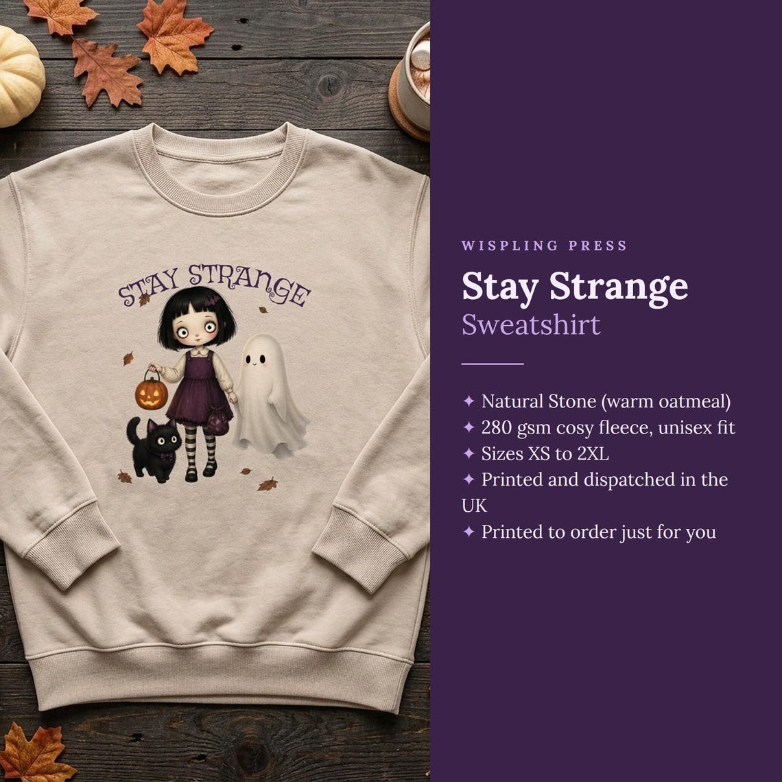Stay Strange Gothic Girl Sweatshirt, Ghost & Black Cat Halloween Jumper (Natural Stone)