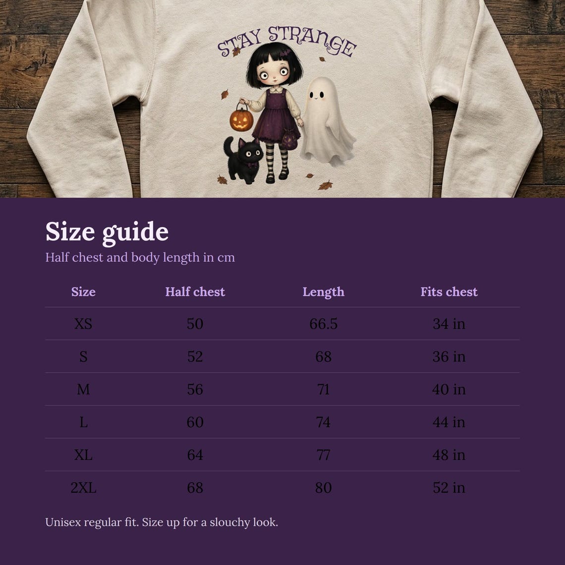 Stay Strange Gothic Girl Sweatshirt, Ghost & Black Cat Halloween Jumper (Natural Stone)