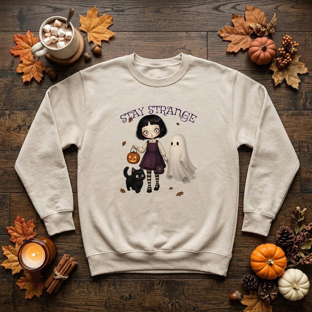 Stay Strange Gothic Girl Sweatshirt, Ghost & Black Cat Halloween Jumper (Natural Stone)