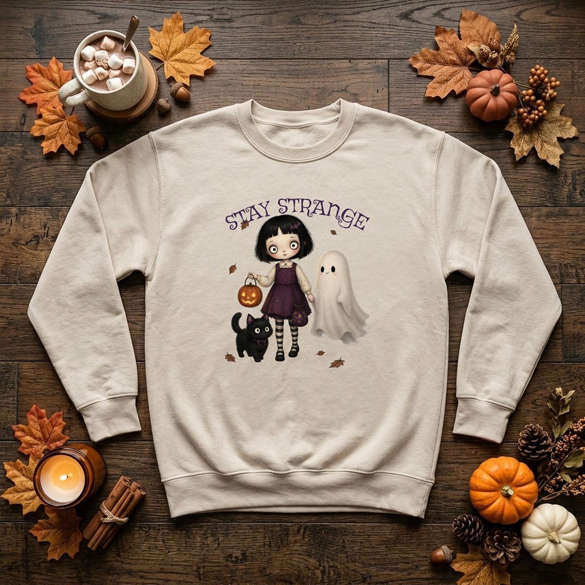 Stay Strange Gothic Girl Sweatshirt, Ghost & Black Cat Halloween Jumper (Natural Stone)
