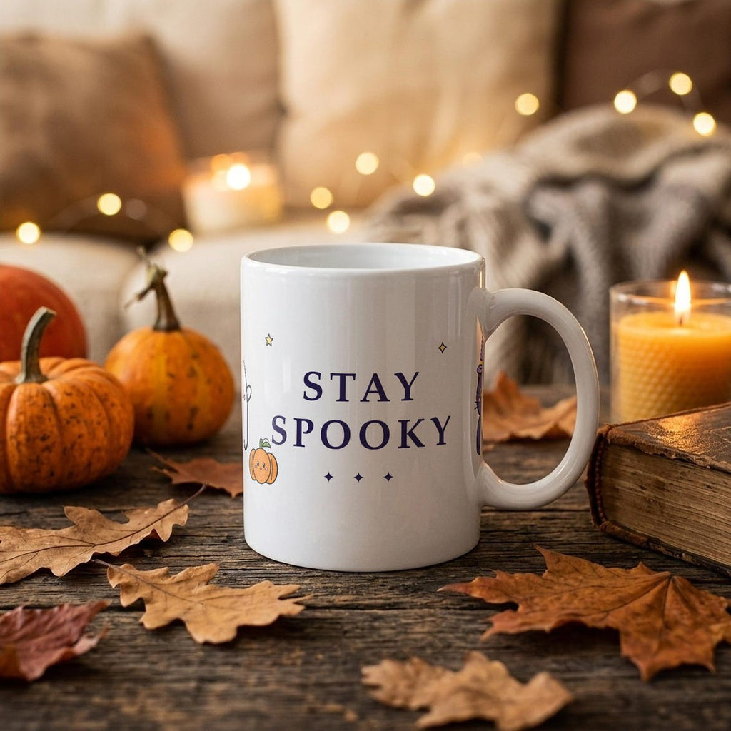 Spooky Halloween Mug, Ghost, Black Cat, Pumpkin, Stay Spooky (11oz Ceramic)