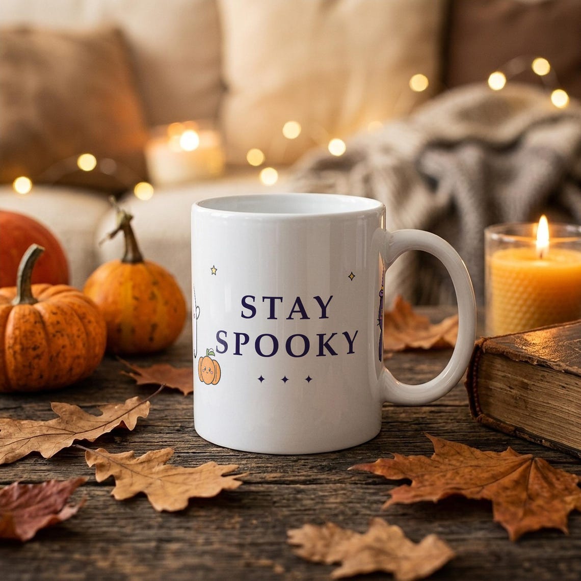 Spooky Halloween Mug, Ghost, Black Cat, Pumpkin, Stay Spooky (11oz Ceramic)