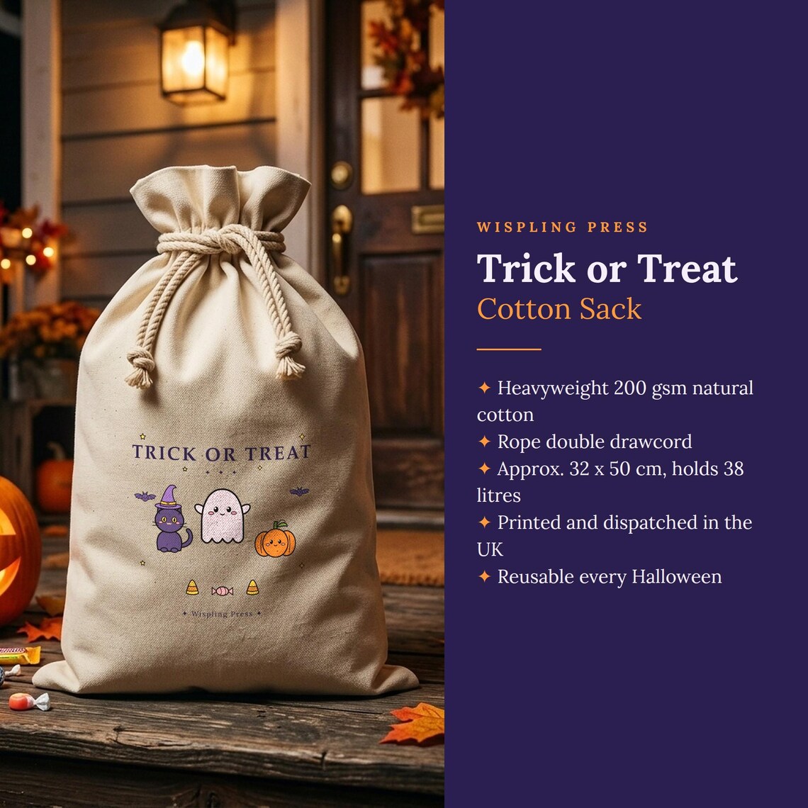 Trick or Treat Bag, Cotton Halloween Sack, Ghost, Cat, Pumpkin (32x50cm)
