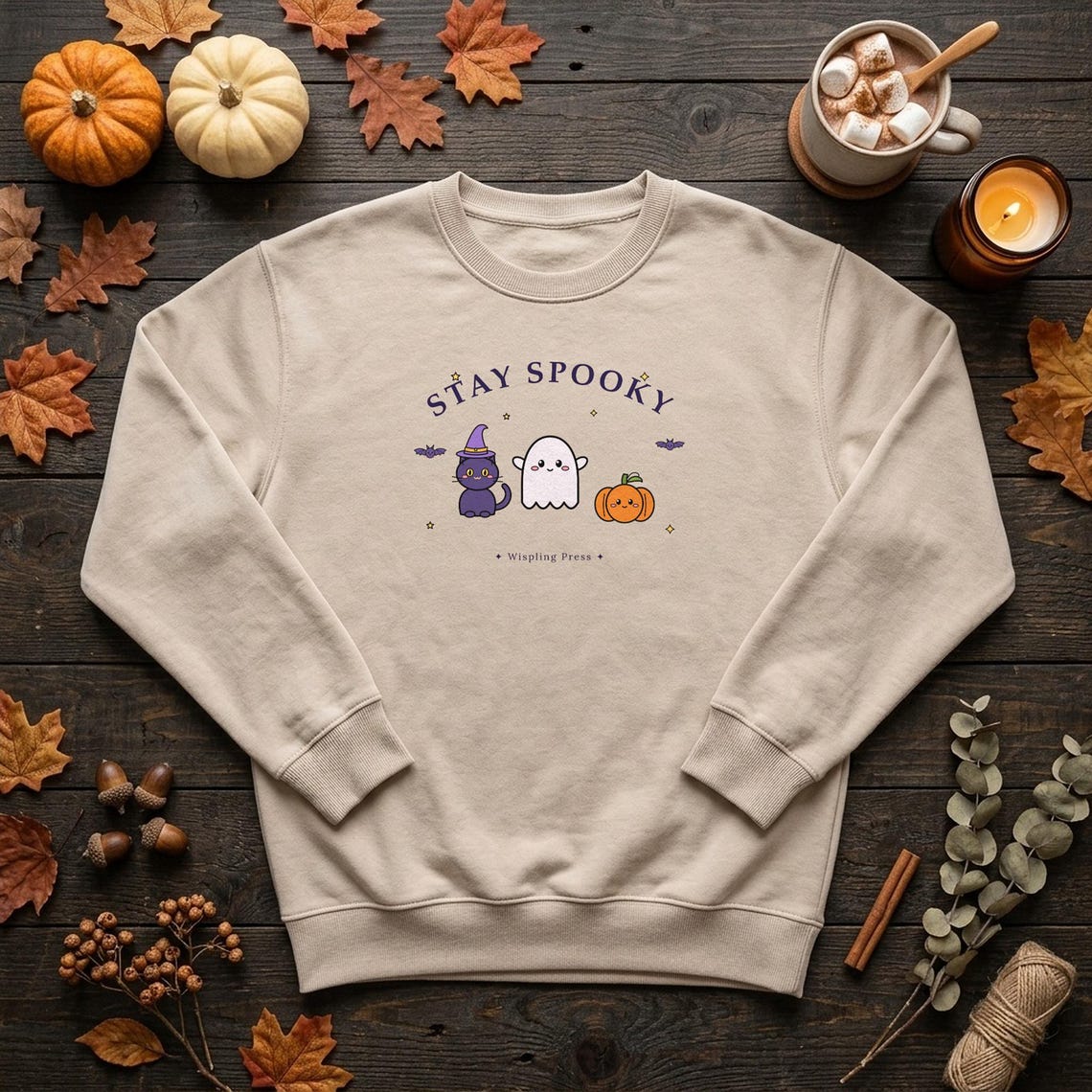 Stay Spooky Halloween Sweatshirt, Ghost Cat Pumpkin Crewneck (Printed UK)