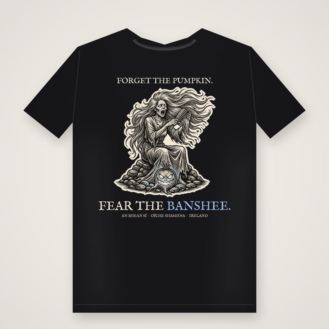Banshee Bean Sí Halloween T-Shirt, Irish Folklore Woodcut Pr