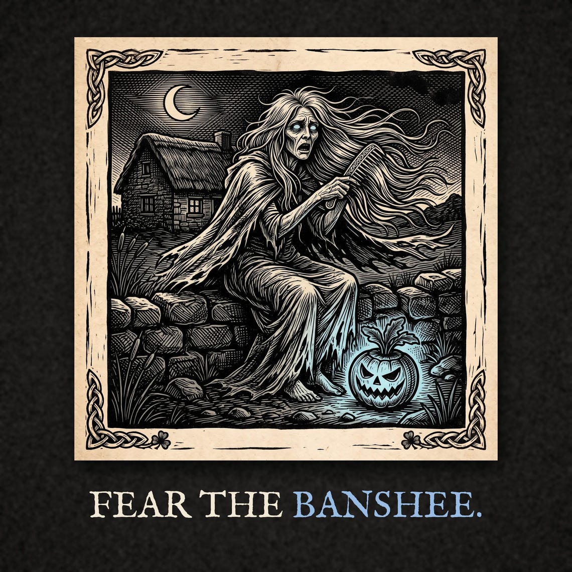 Banshee Bean Sí Halloween T-Shirt, Irish Folklore Woodcut Pr