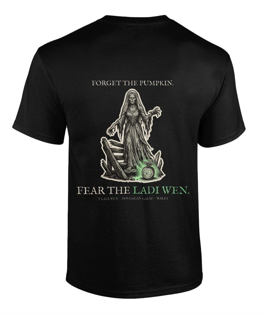 White Lady Ladi Wen Halloween T-Shirt, Welsh Folklore Woodcu