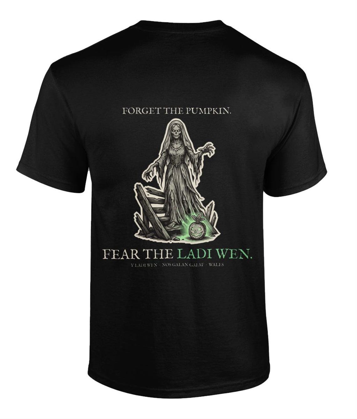 White Lady Ladi Wen Halloween T-Shirt, Welsh Folklore Woodcu