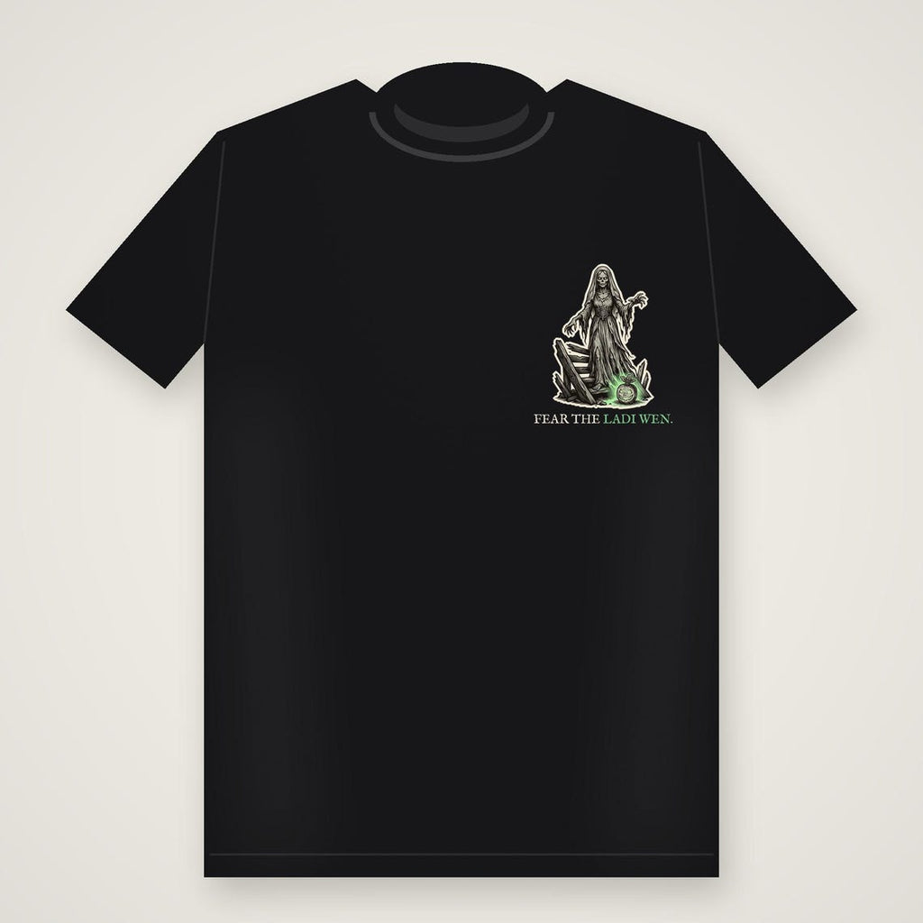 White Lady Ladi Wen Halloween T-Shirt, Welsh Folklore Woodcu