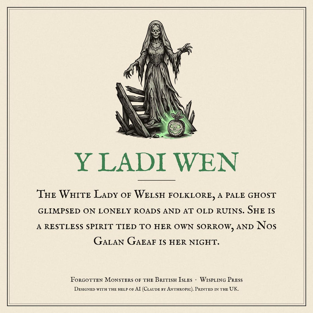 White Lady Ladi Wen Halloween T-Shirt, Welsh Folklore Woodcu