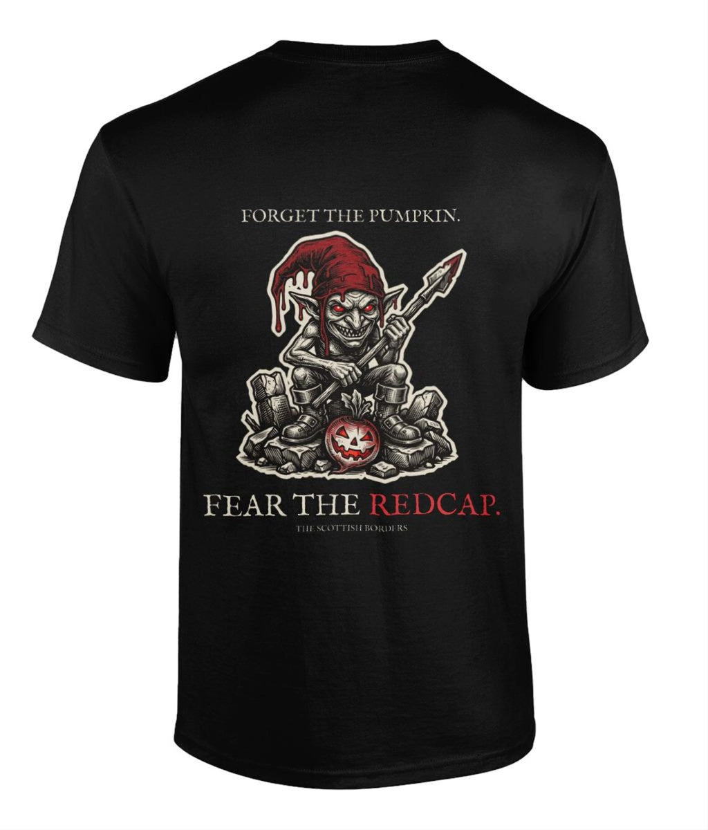 Scottish Folklore Redcap Halloween T-Shirt, Gothic Woodcut Print (Black)