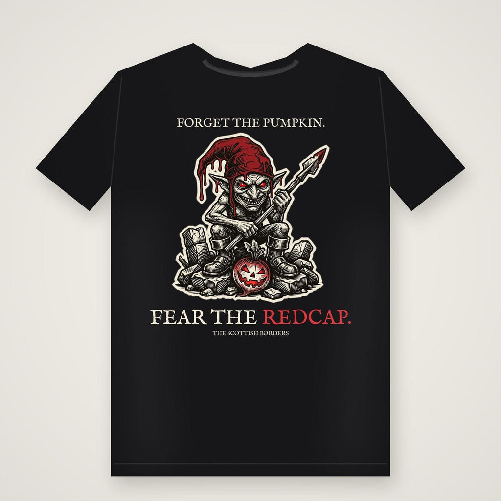 Scottish Folklore Redcap Halloween T-Shirt, Gothic Woodcut Print (Black)