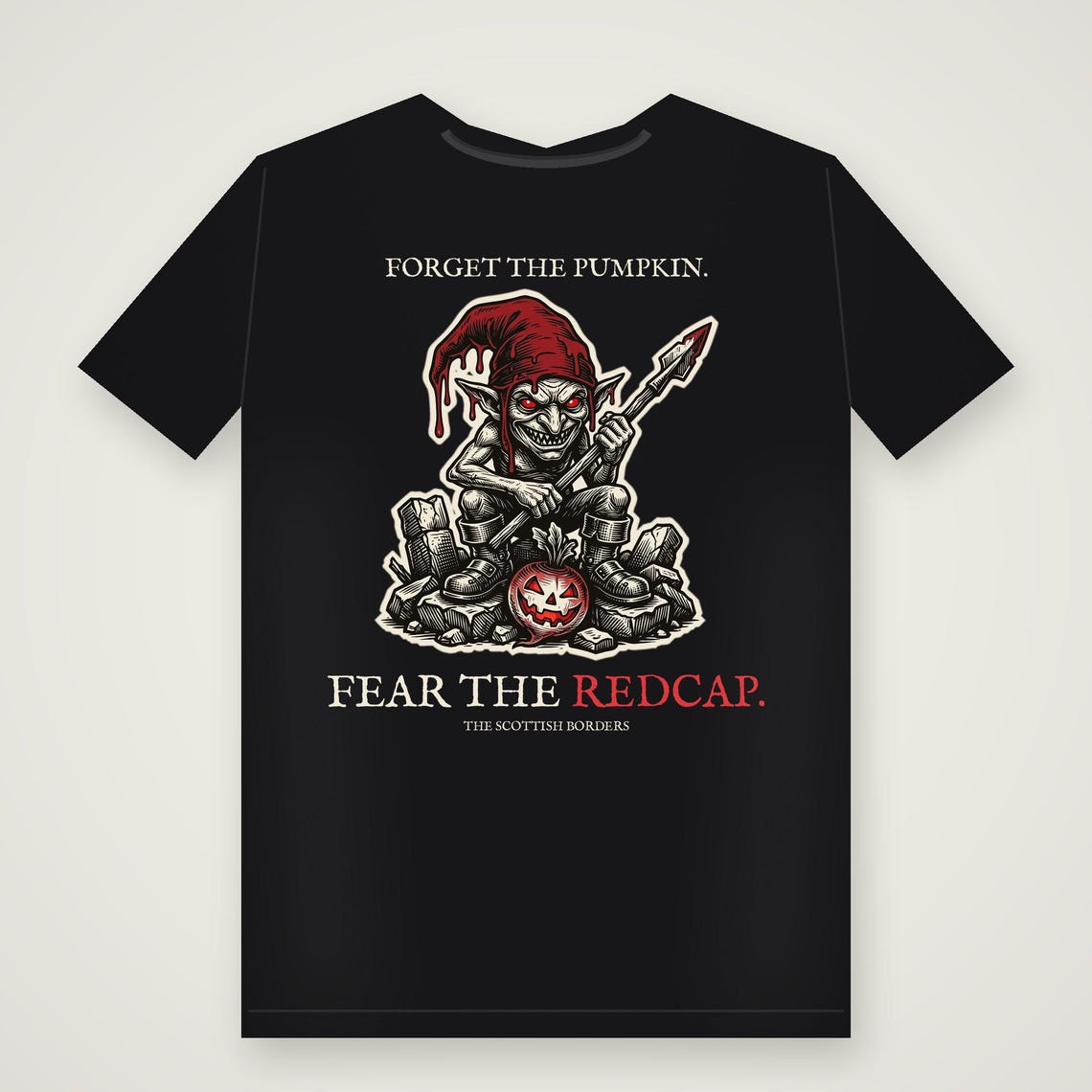 Scottish Folklore Redcap Halloween T-Shirt, Gothic Woodcut Print (Black)