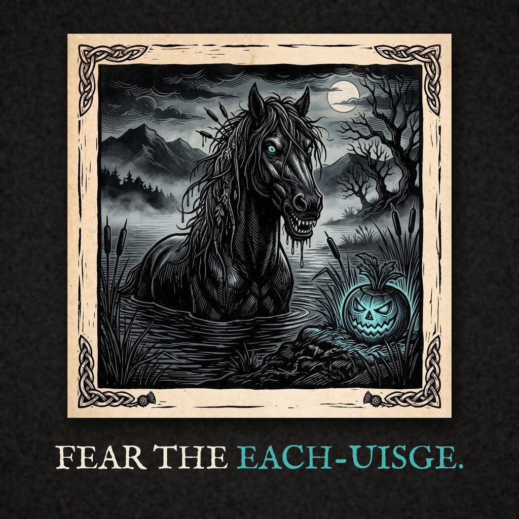 Each-Uisge Kelpie Halloween T-Shirt, Scottish Folklore Woodcut Print, Samhain Gift