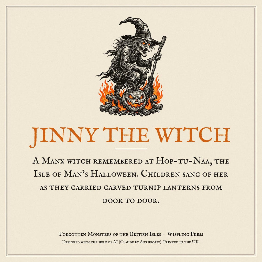 Jinny the Witch Halloween T-Shirt, Manx Folklore Woodcut Print, Hop-tu-Naa Gift