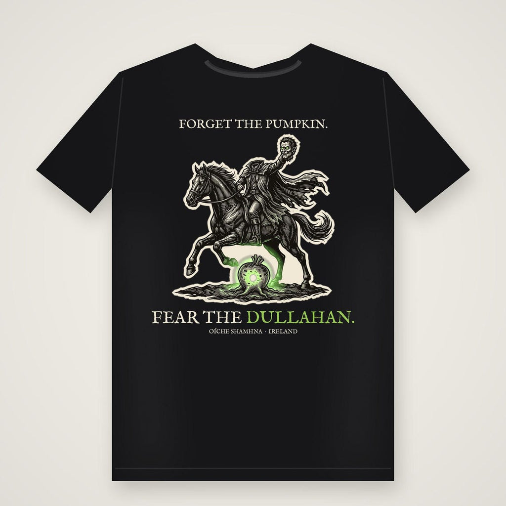 Headless Horseman Dullahan T-Shirt, Irish Folklore Halloween Shirt, Woodcut Print (Black)