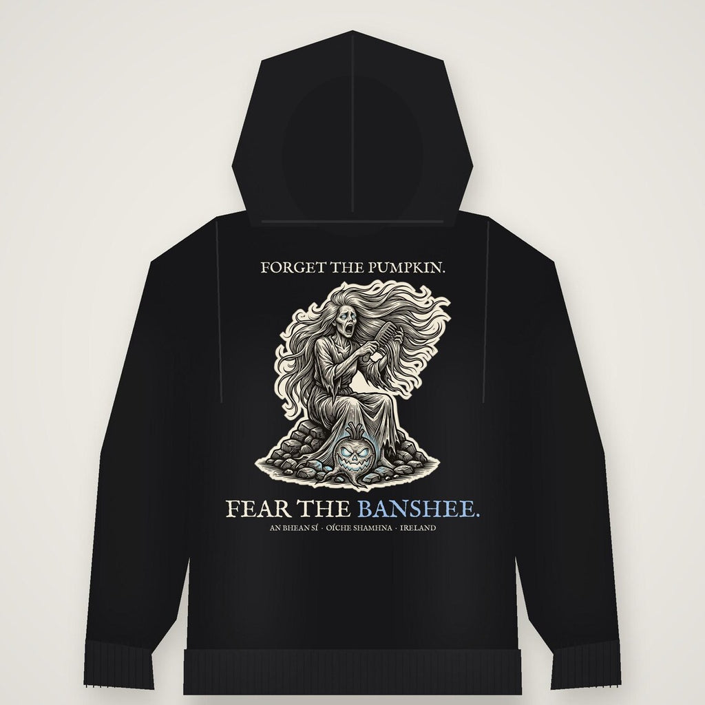 Banshee Bean Sí Hoodie, Irish Folklore Halloween Outfit, Woodcut Print (Jet Black)