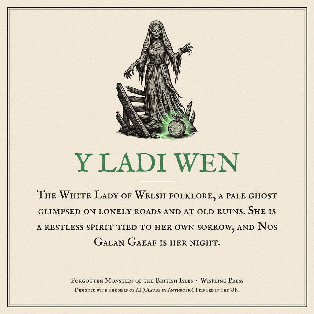 Ladi Wen Welsh Folklore Hoodie, Woodcut Print Halloween Outfit (Jet Black)