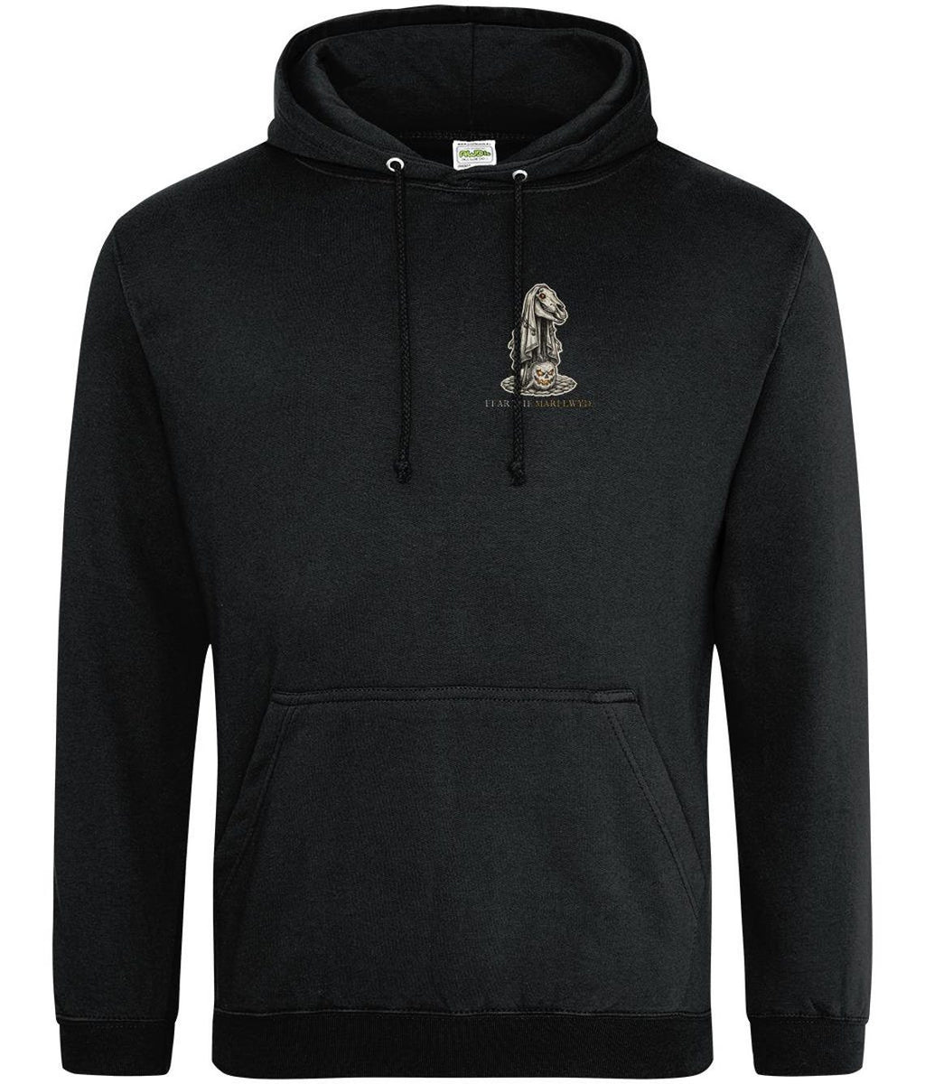 Mari Lwyd Welsh Folklore Hoodie, Woodcut Print Christmas Outfit (Jet Black)