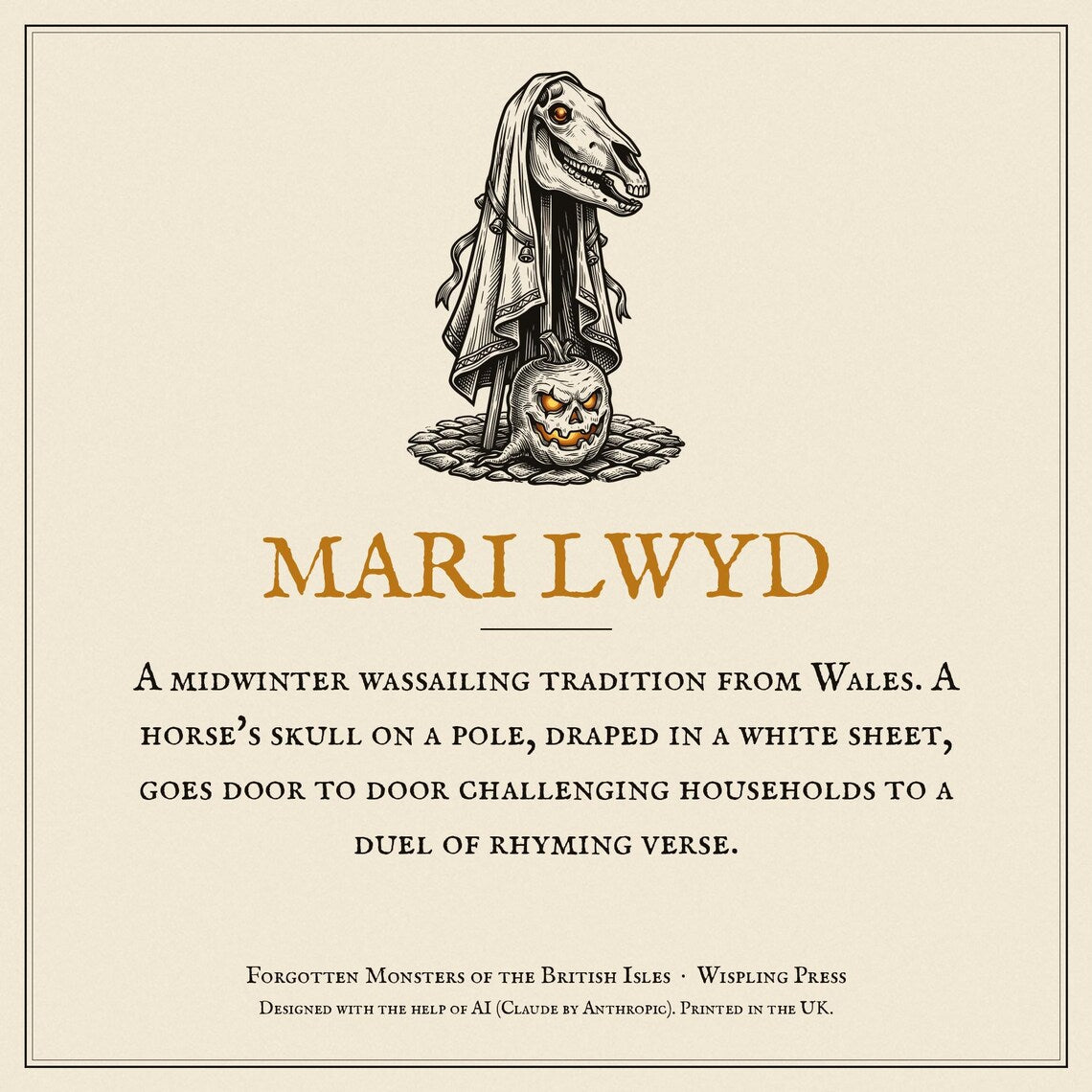 Mari Lwyd Welsh Folklore Hoodie, Woodcut Print Christmas Outfit (Jet Black)