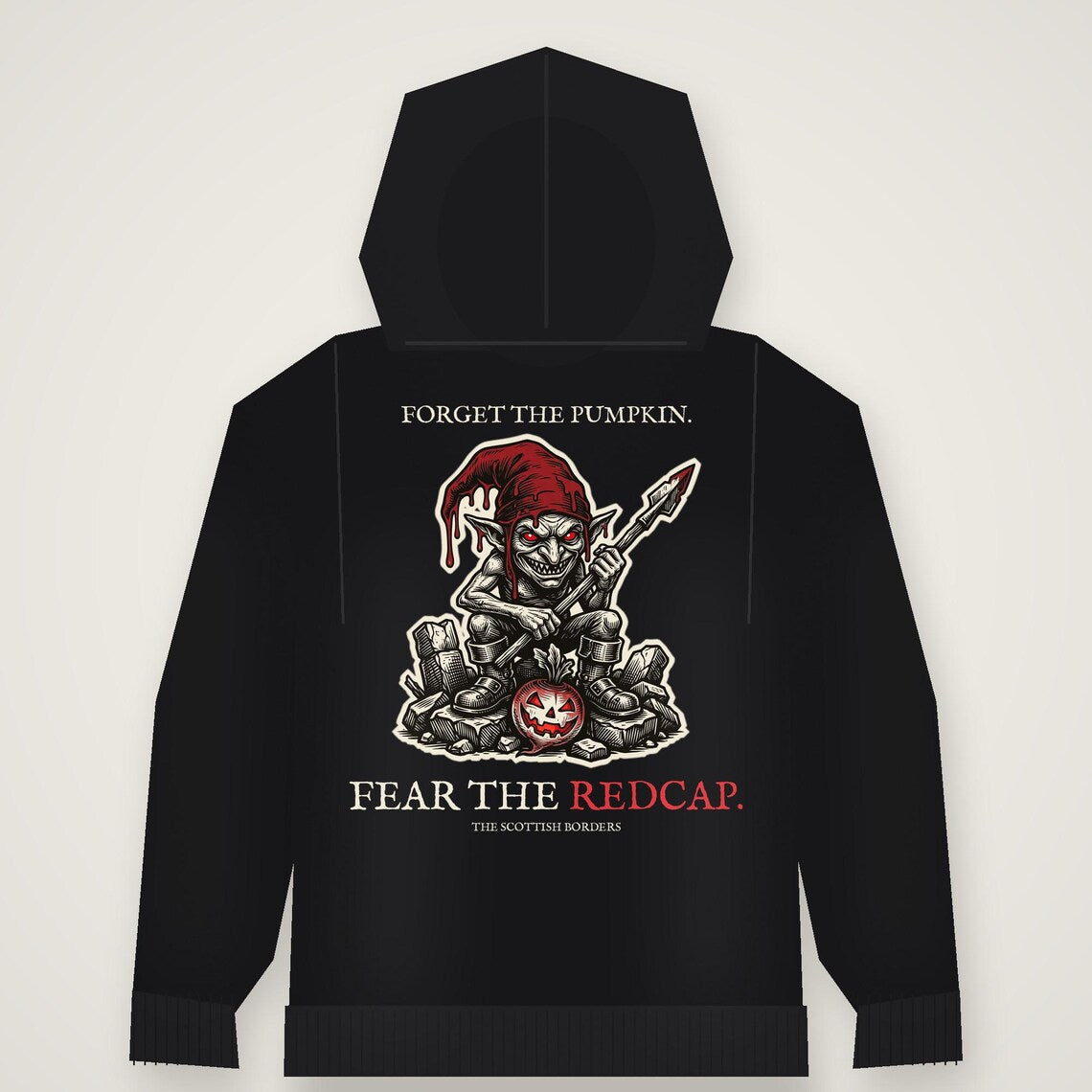 Redcap Halloween Hoodie, Scottish Folklore Gothic Horror Print (Woodcut Style)