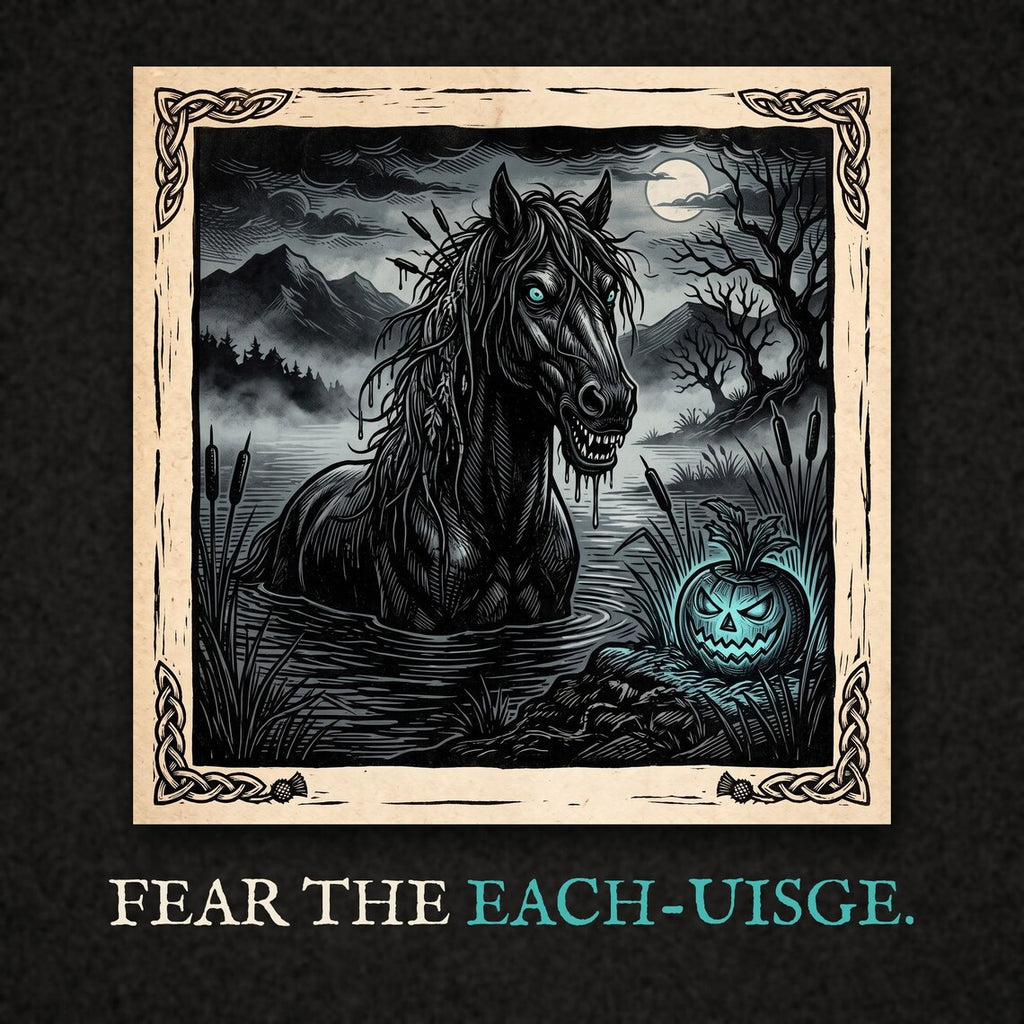 Kelpie Each-Uisge Hoodie, Scottish Folklore Halloween Outfit, Woodcut Print (Jet Black)
