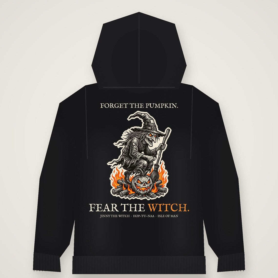 Jinny the Witch Halloween Hoodie, Manx Folklore Woodcut Print, Hop-tu-Naa Gift