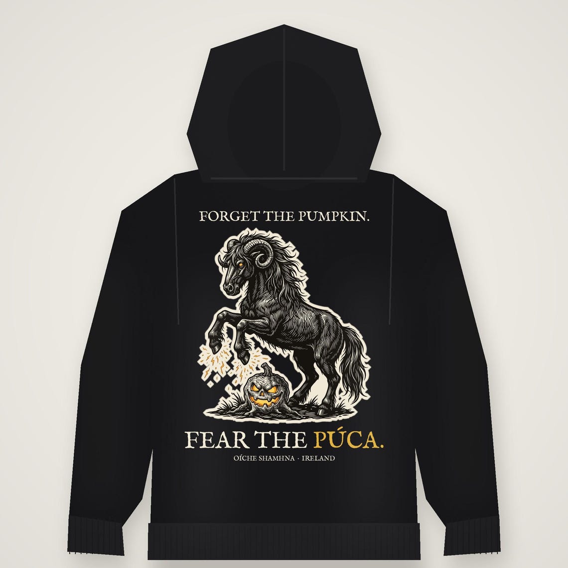 Pooka Púca Halloween Hoodie, Irish Folklore Woodcut Print, Samhain Gift