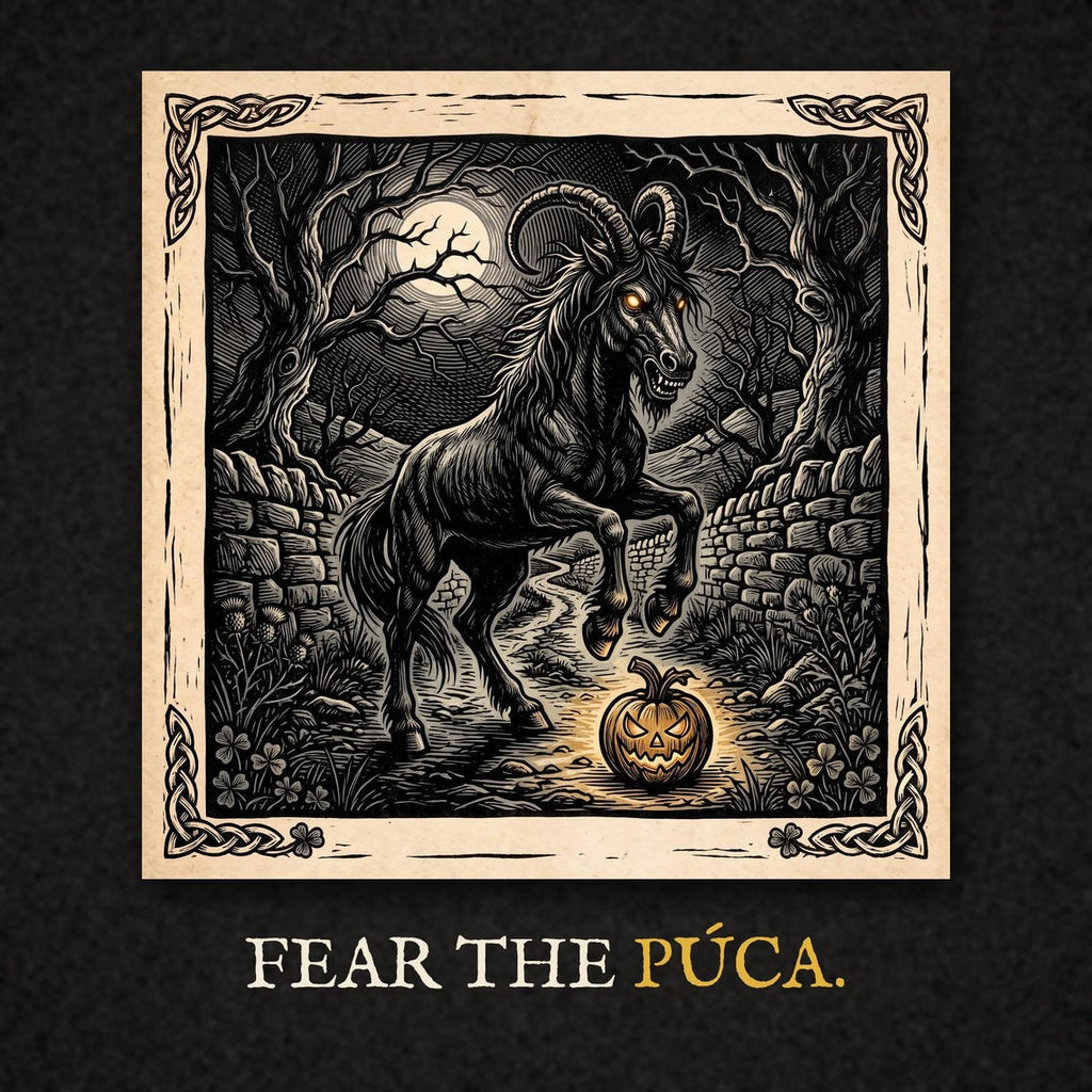 Pooka Púca Halloween Hoodie, Irish Folklore Woodcut Print, Samhain Gift