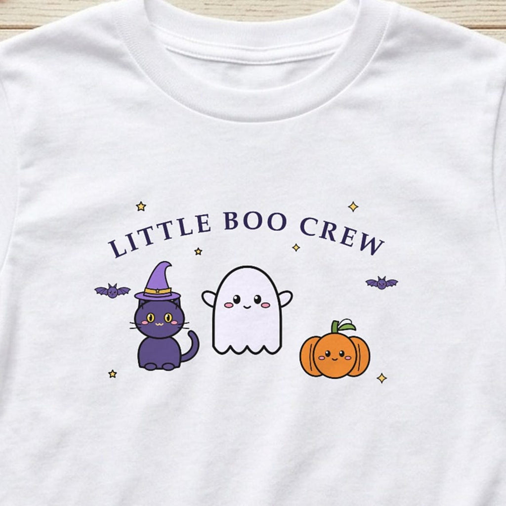 Kids Halloween Shirt, Little Boo Crew Tee, Ghost, Cat, Pumpkin (Ages 3-13)