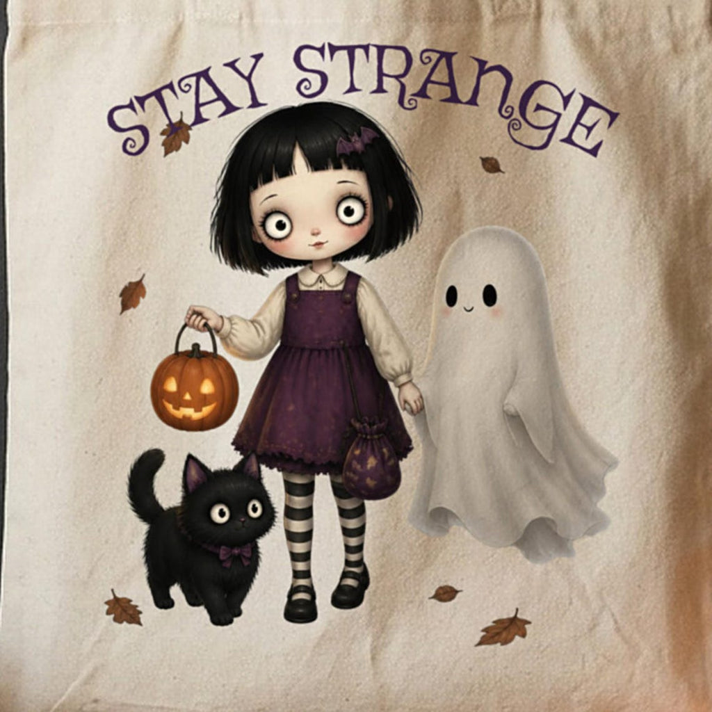 Stay Strange Gothic Girl Tote Bag, Ghost, Black Cat, Halloween Cotton Bag (Printed UK)