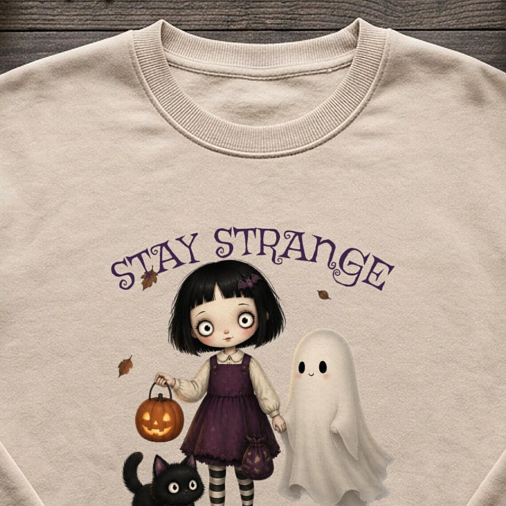 Stay Strange Gothic Girl Sweatshirt, Ghost & Black Cat Halloween Jumper (Natural Stone)
