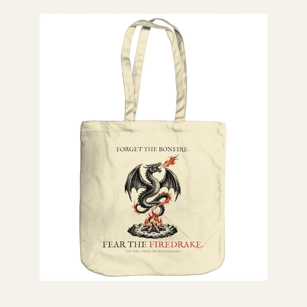 Firedrake Dragon Tote Bag, Bonfire Night Folk Horror, Woodcut Style (Organic Cotton)