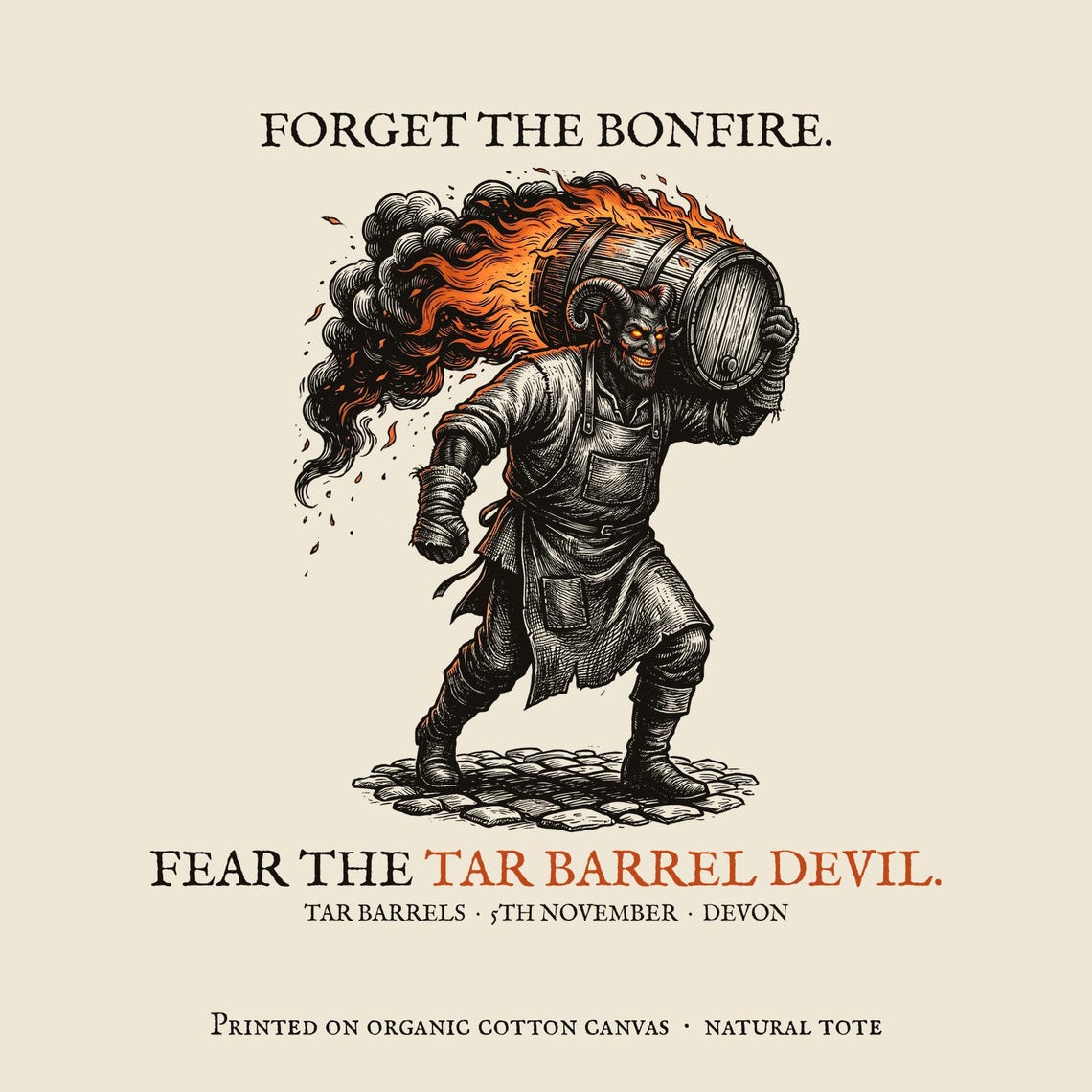 Tar Barrel Devil Tote Bag, Bonfire Night Folk Horror, Woodcut Style (Organic Cotton)