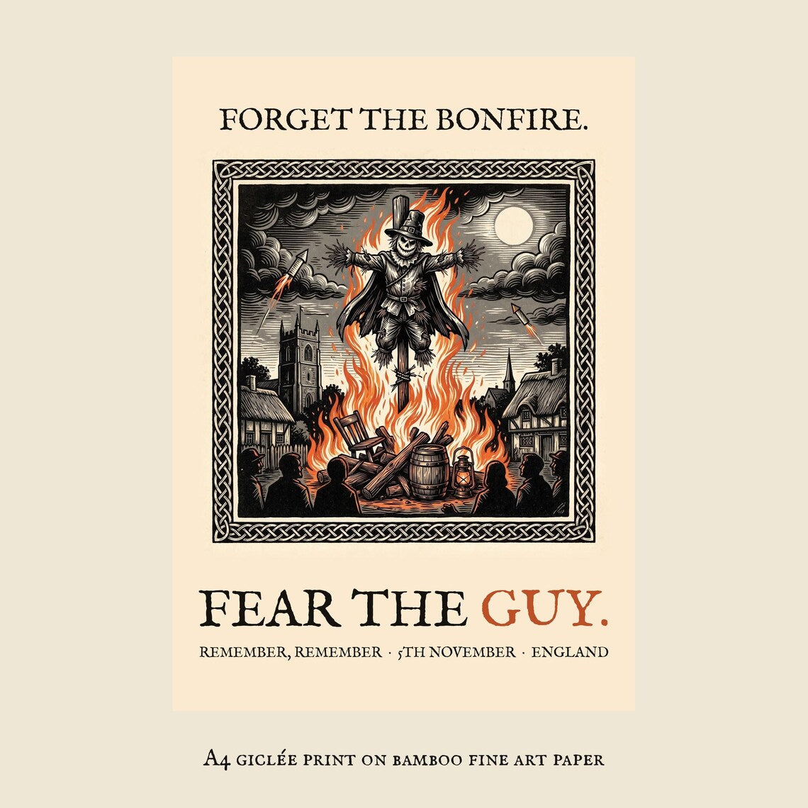Guy Fawkes Bonfire Night Art Print, Folk Horror Woodcut Style (A4)