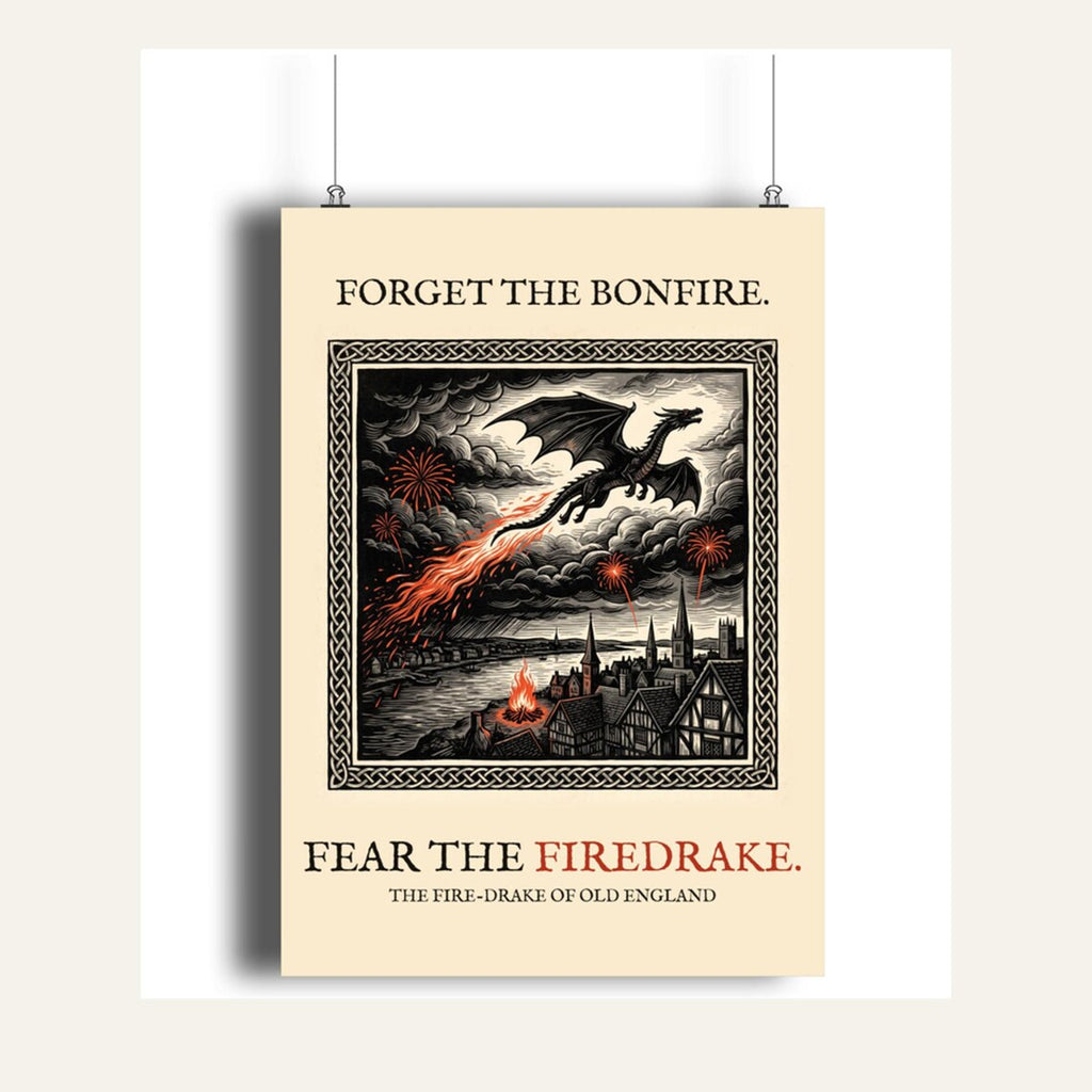 Firedrake Dragon Art Print, Bonfire Night Folk Horror, Woodcut Style (A4 Giclée)