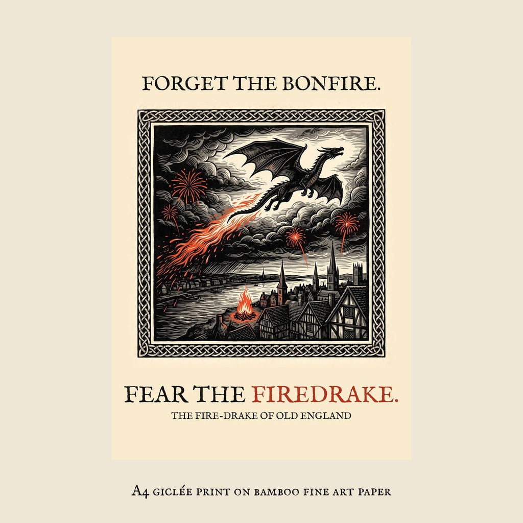 Firedrake Dragon Art Print, Bonfire Night Folk Horror, Woodcut Style (A4 Giclée)