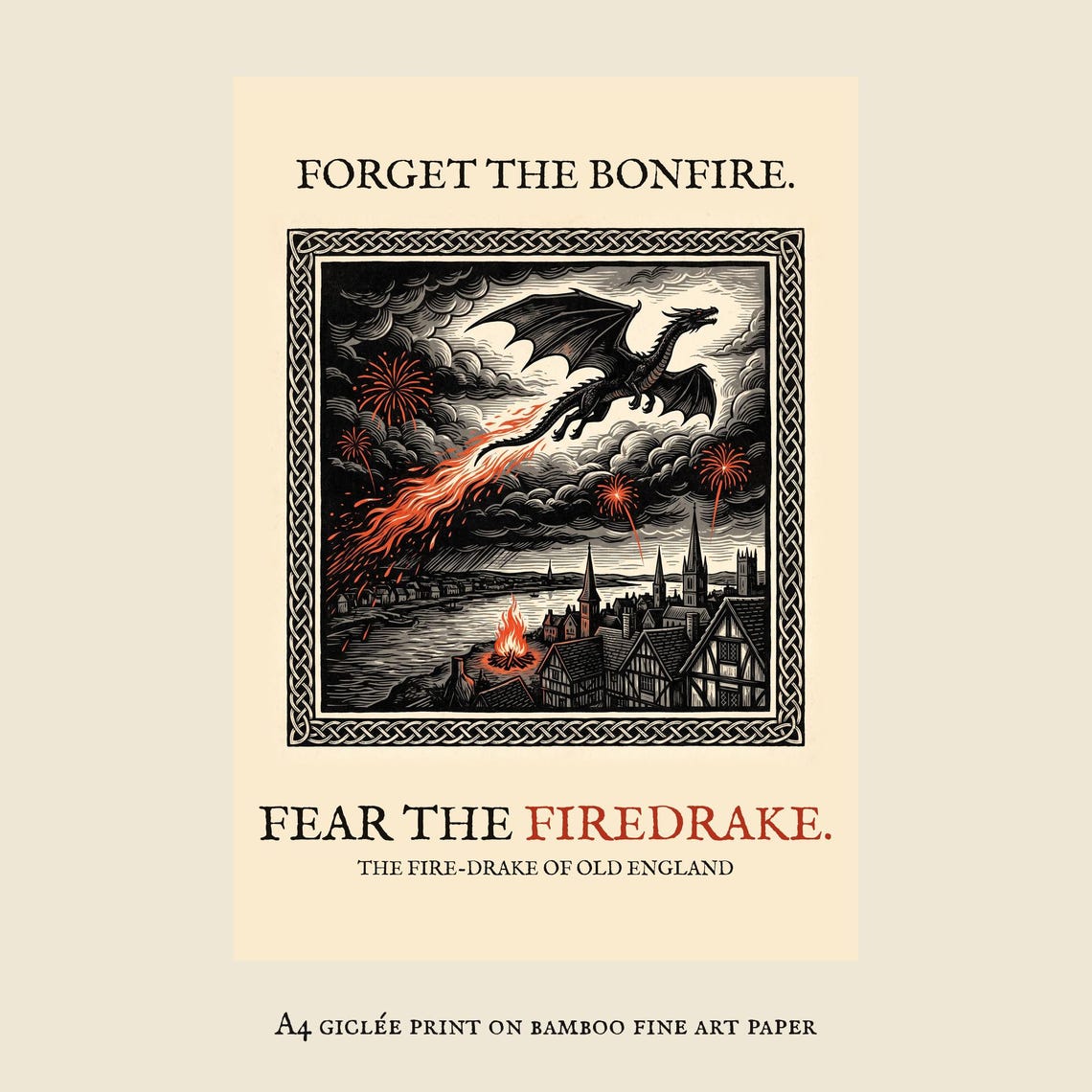 Firedrake Dragon Art Print, Bonfire Night Folk Horror, Woodcut Style (A4 Giclée)