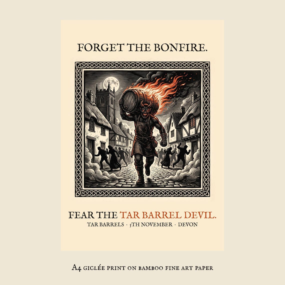 Tar Barrel Devil A4 Art Print, Bonfire Night Folk Horror, Woodcut Style (Giclée Print)