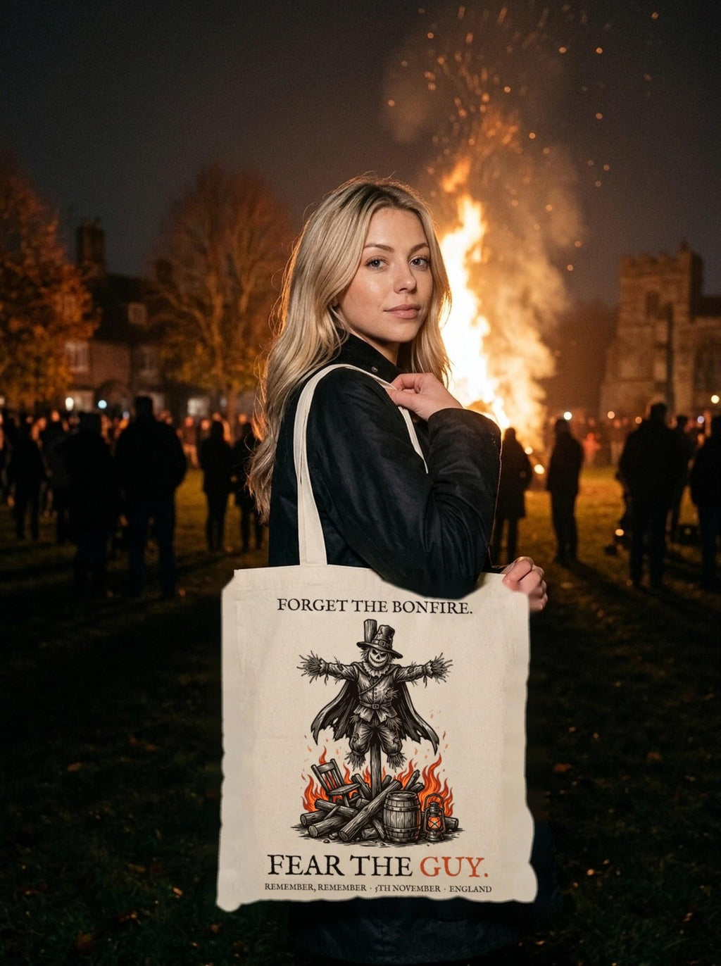 Guy Fawkes Tote Bag, Bonfire Night Folk Horror, 5th November Gift (Organic Cotton)