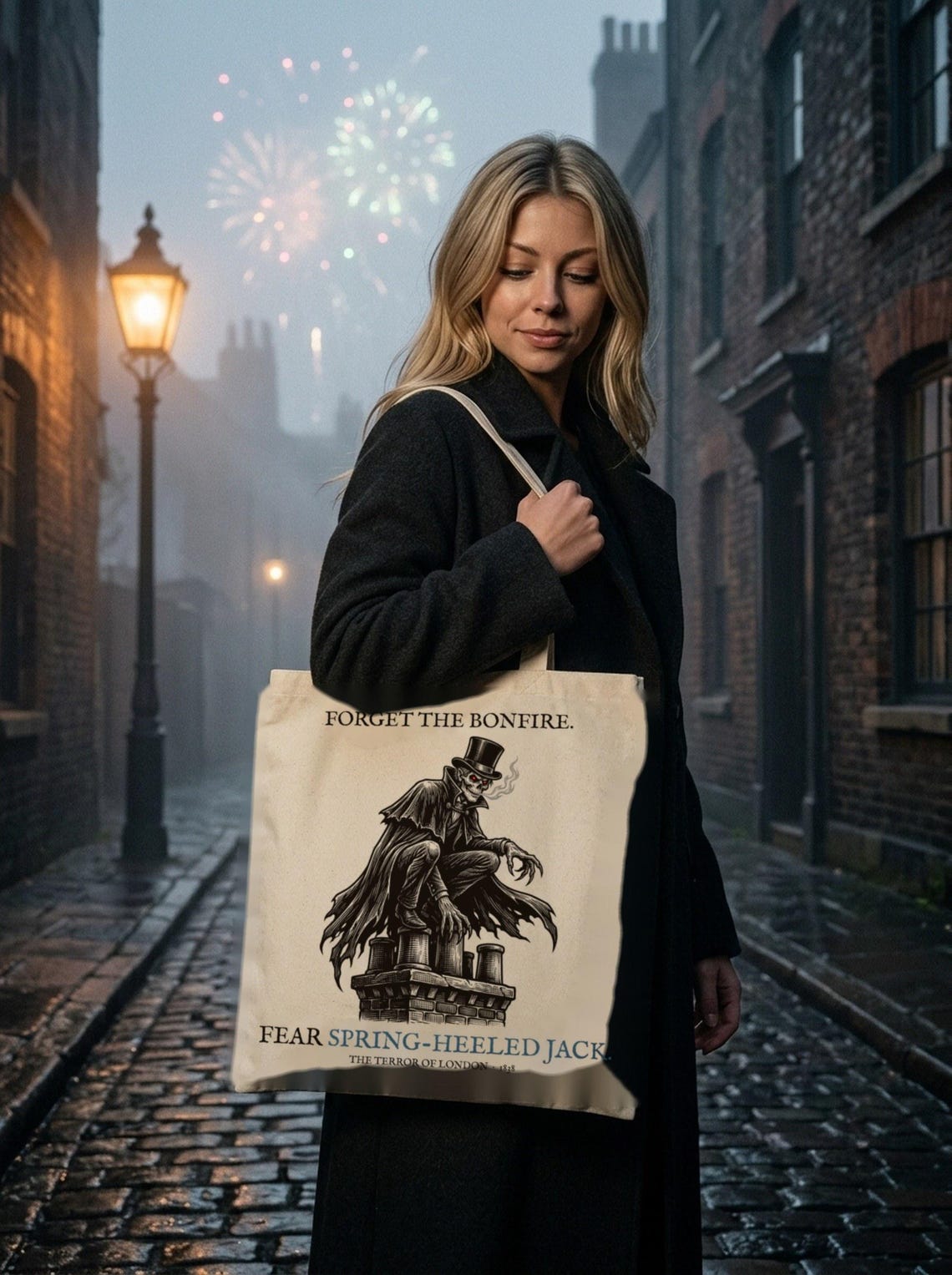 Spring-Heeled Jack Tote Bag, British Folklore Horror, Woodcut Style (Organic Cotton)